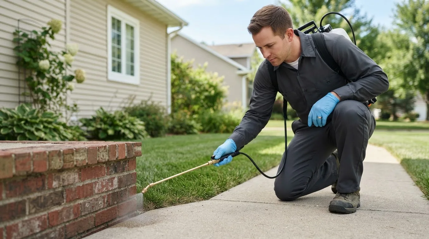 Pest control technician treating a home near Preston, CT